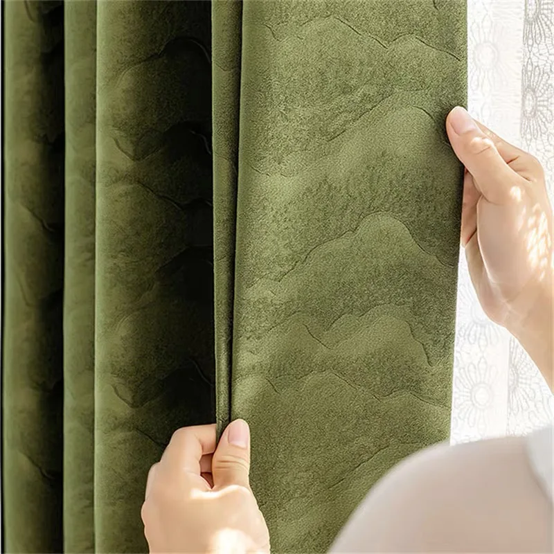 

American Retro Olive Green Velvet Curtains For Luxury Retro Living Room, Bedroom, Balcony，High-End Fabric Blackout Curtains