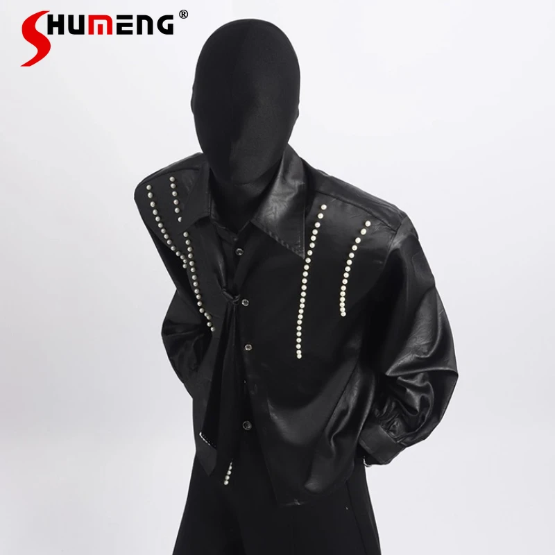 

2025 Spring Autumn Men's Original Design Pearl Tie Shirts Men's Handsome Personalized Tops High-end Trendy Shoulder Pad Shirts