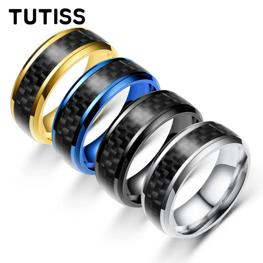 Men 6/8mm Multicolor Tungsten Carbide Ring, Black Carbon Fiber Inlay Beveled Edge Polished Wedding Band Engagement Promise Ring