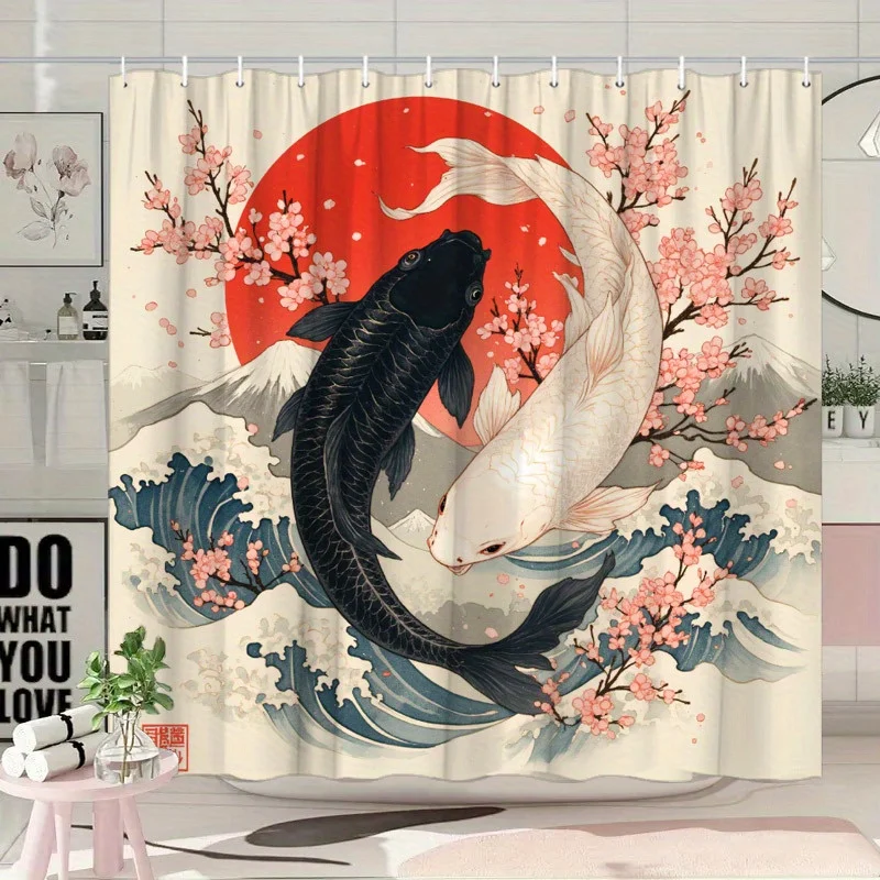 Koi Fish Shower Curtain Polyester Printed Home Decor Japanese Art Theme Interior Design Elegant Style