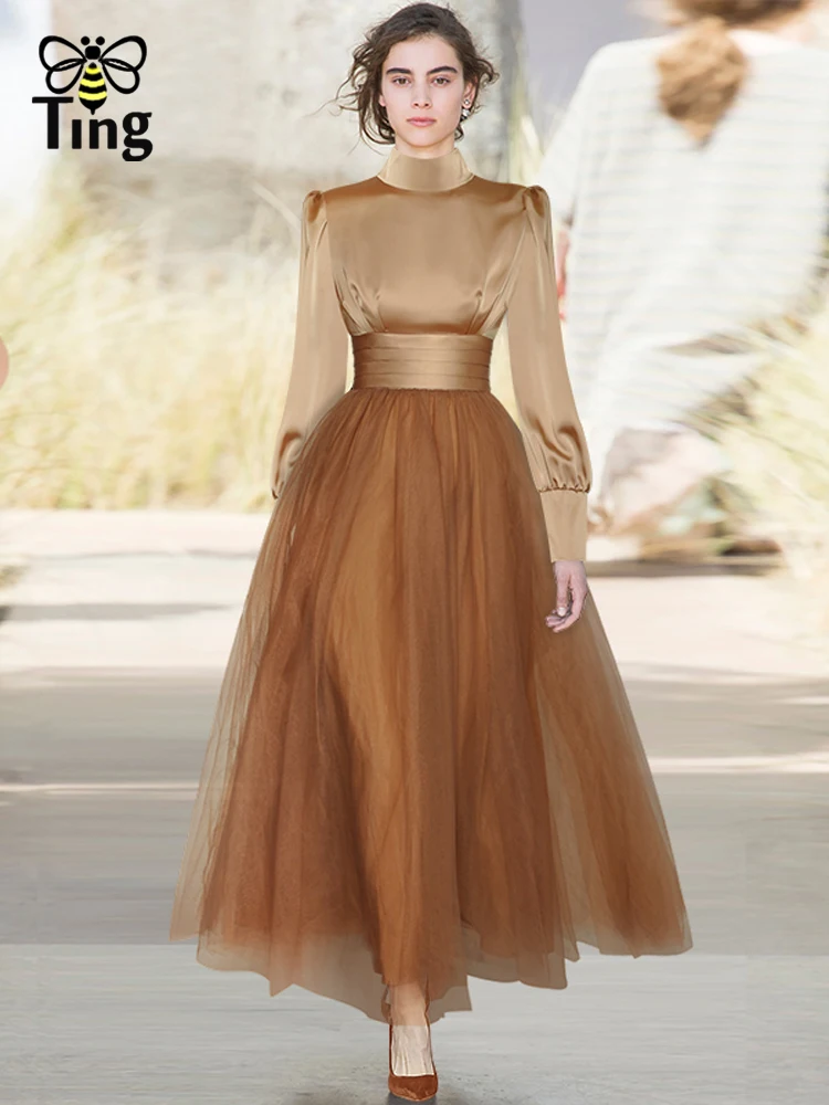 Tingfly Runway Designer High Waist Lantern Sleeve Vintage Elegant Party Dinner Dresses Lady Hit Color Princess A Line Long Elbis