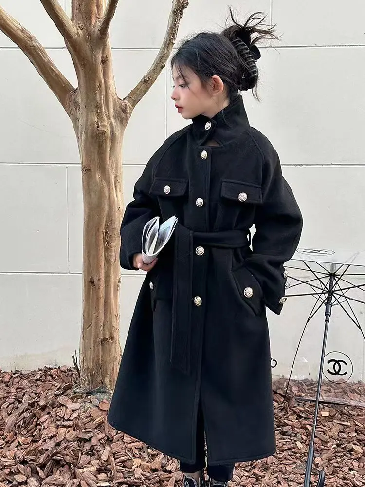 2024 Girls Autumn/Winter New Girl Style Woolen Coat for Children's High Grade Fashion Waist Closing Middle Length Woolen Coat