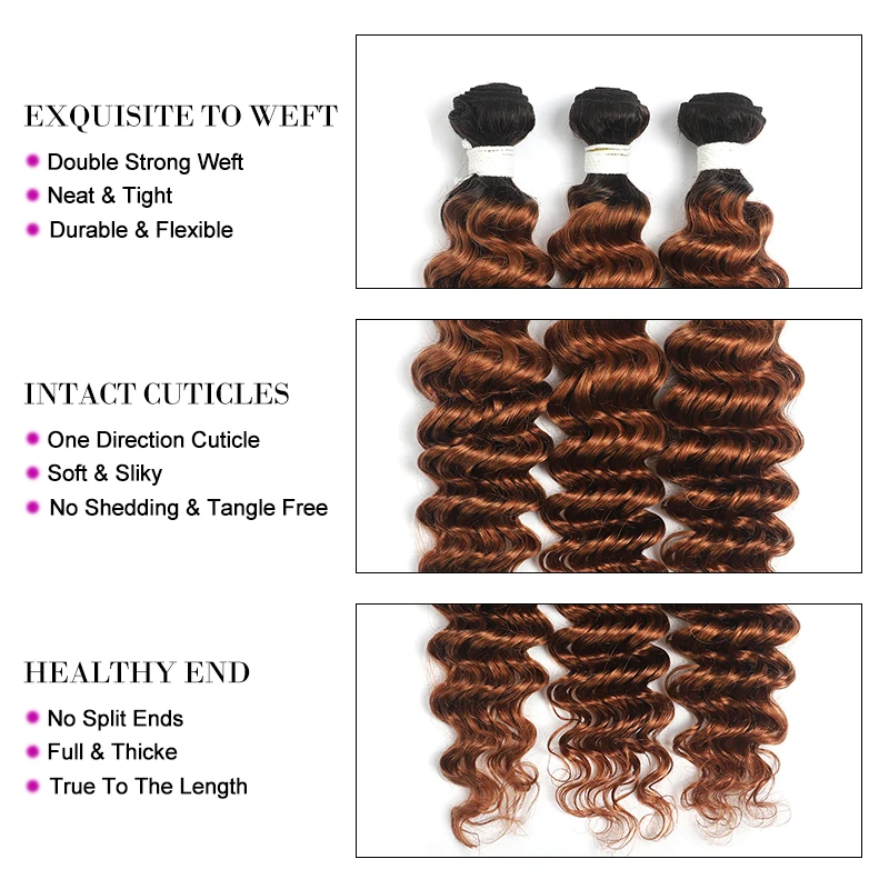 Bundel gelombang dalam dengan Ombre Frontal coklat bundel jalinan rambut manusia berwarna dengan penutup 13X4 ekstensi rambut Remy Brasil