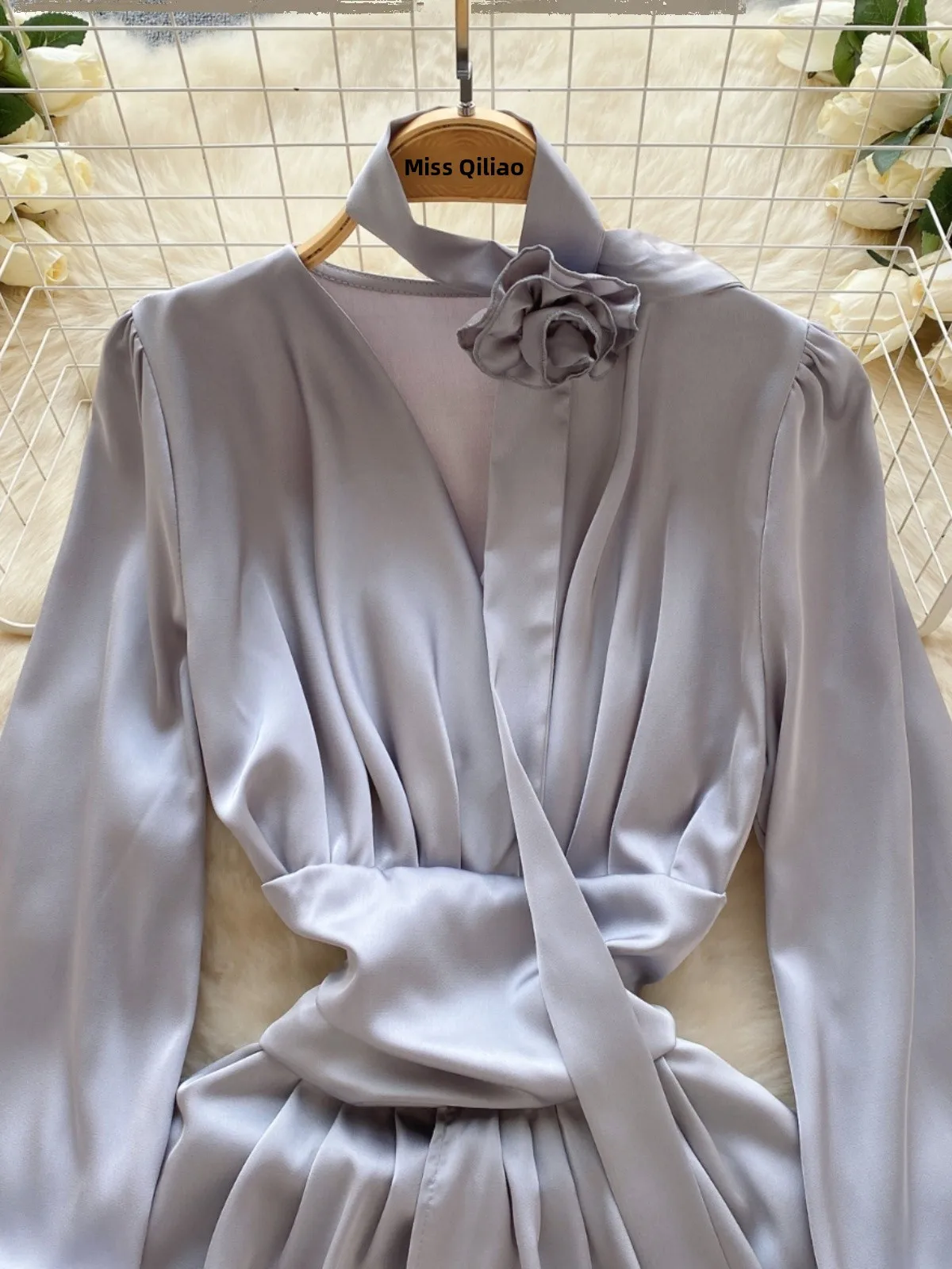 Ele Satin ort Fit Dr femmes longue Sve printemps nouveau Sle trajet coréen Sle taille haute a-ligne jupe toutes saisons