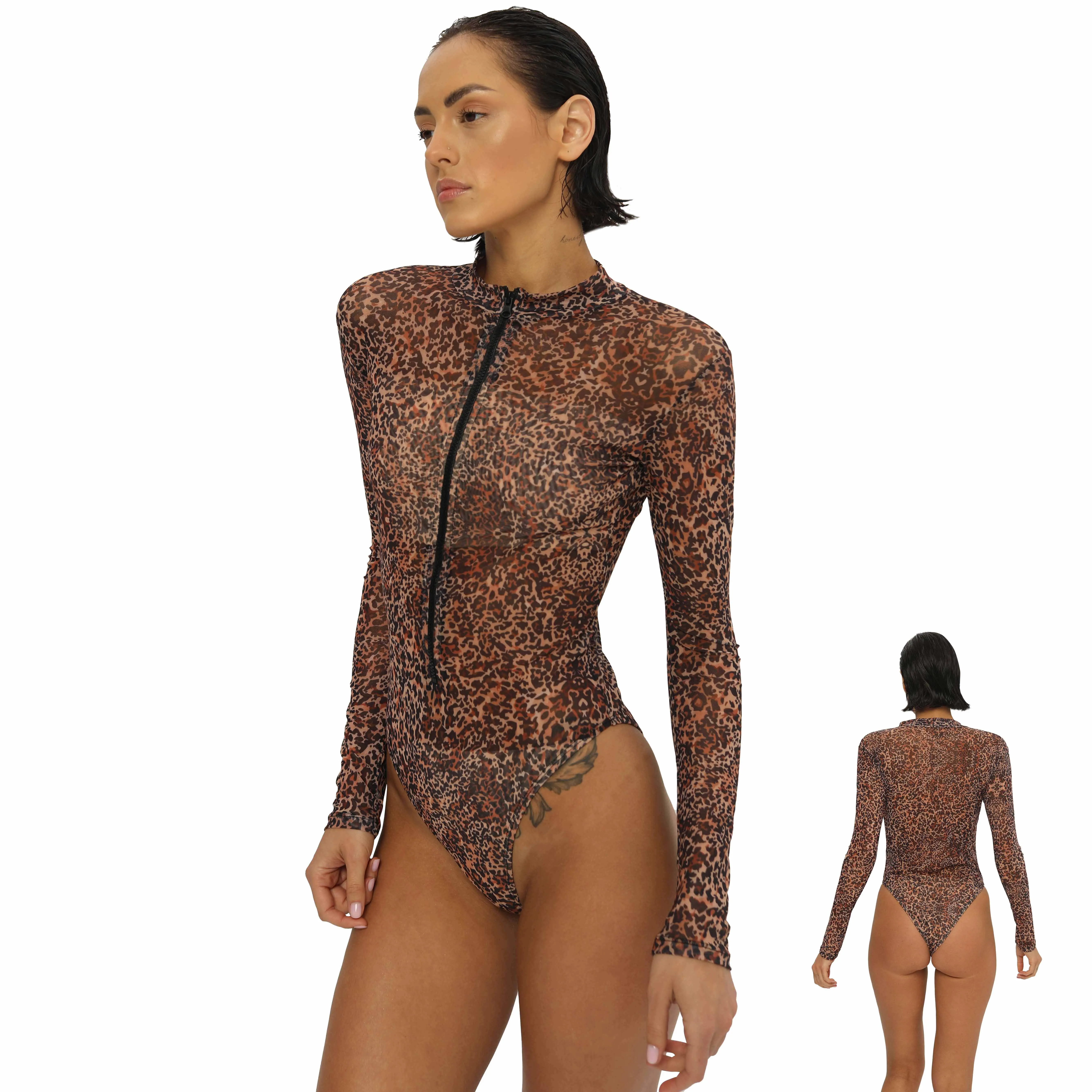 Volagor Tan Through Swimsuit Leopard Print Long Sleeve Women Zipper One Piece Sun Permeable Mesh Monokini High Neck Beachwear