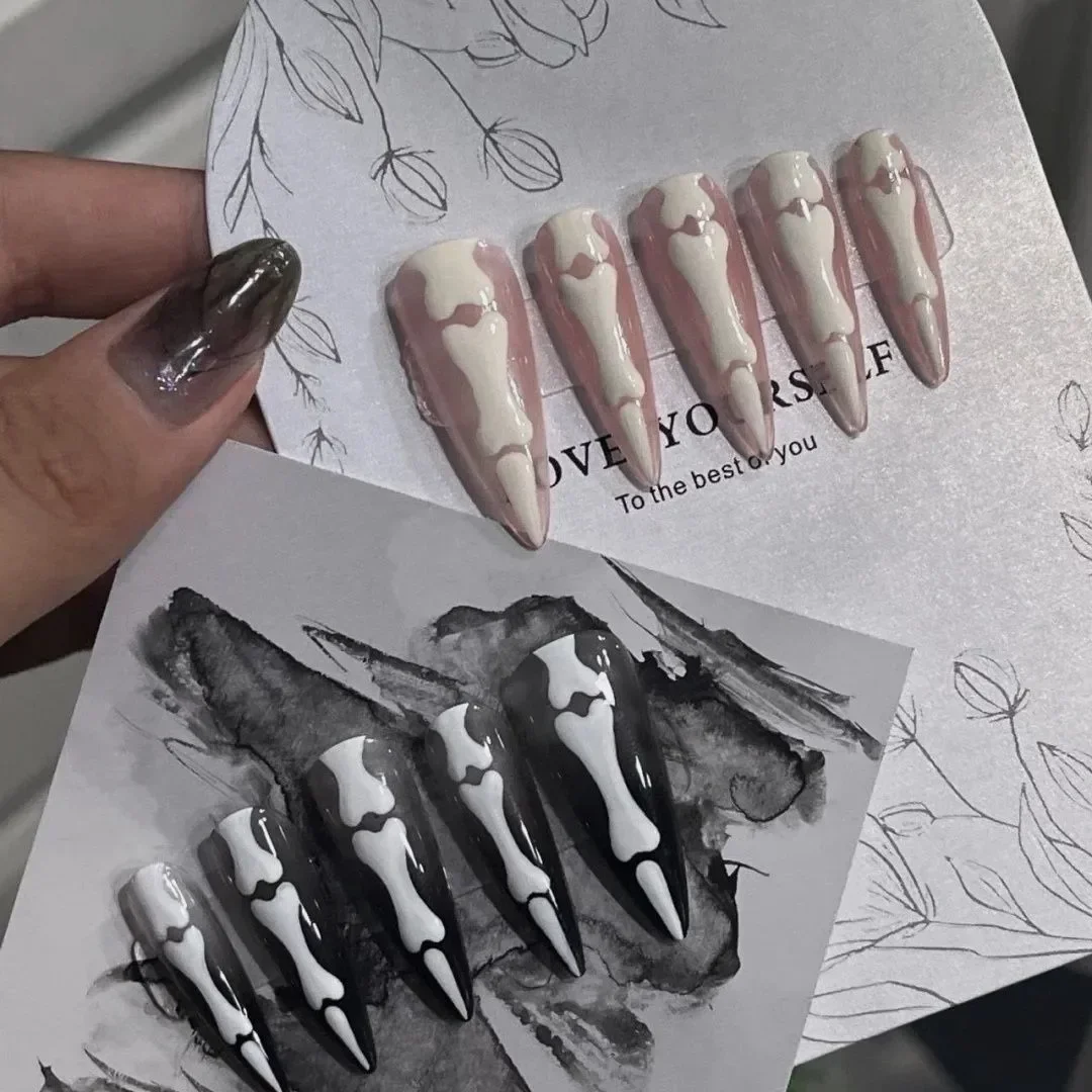 10Pcs Handmade Halloween Bones Press-On Nails Glossy Long Almond Shape Gothic Shiny Fake Nails for Women and Girls Festival Wear