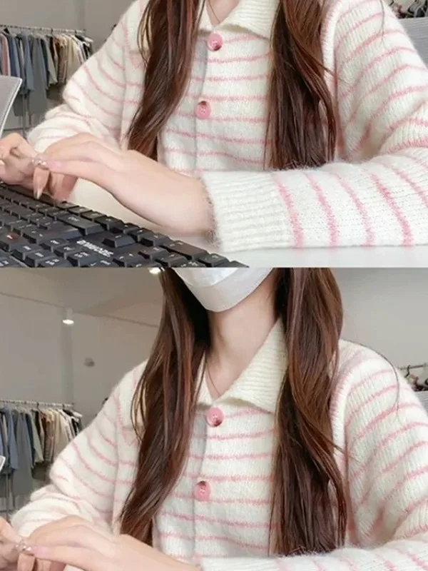 

Early Autumn Fre Anti-Aging Women's Knitted Sweater Jaet Loose Striped Open Cardigan Slimming Versatile Top