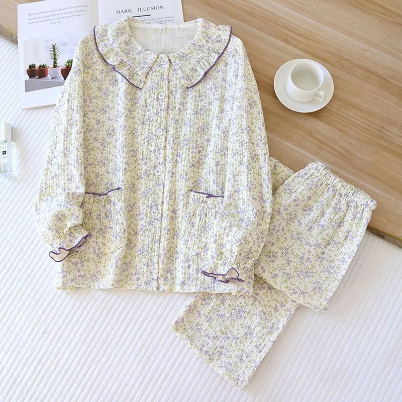 

Doll Collar Pajama Set for All Seasons Thin Long Sleeved Long Pants Cute Sweet Cotton Double-layer Gauze Cardigan Home Pajamas
