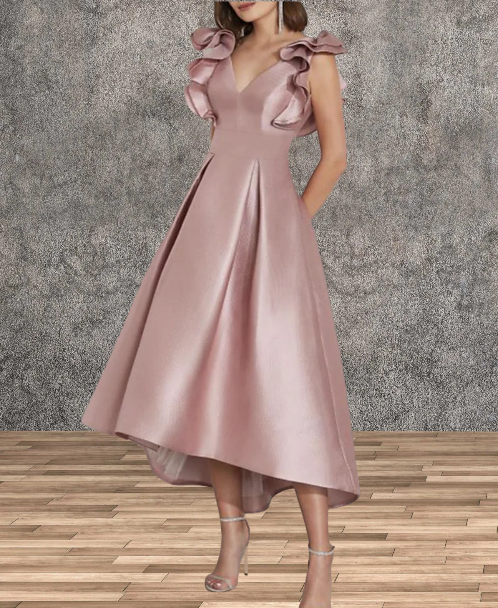 A-Line Cocktail Dresses Elegant Dress Wedding Guest Kentucky Derby Tea Length Short Sleeve V Neck Satin with Ruffles 2024