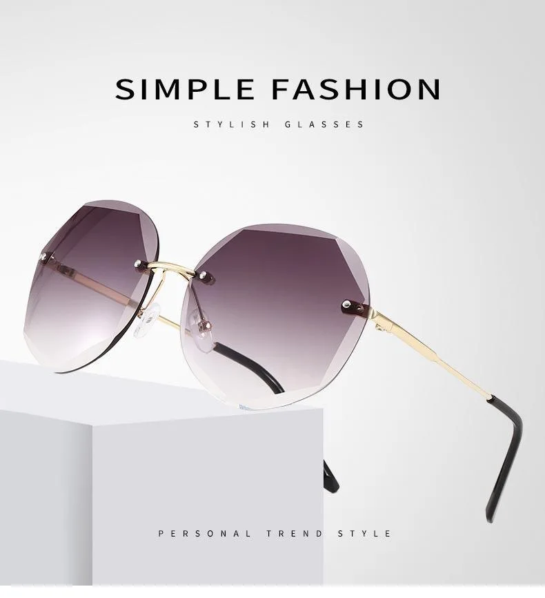 Rahmenlose Damen-Sonnenbrille mit Schnittkante, fortschrittliches Gefühl, Metall, robustes Scharnier, trendige Sommer-Sonnenbrille – Detail 1