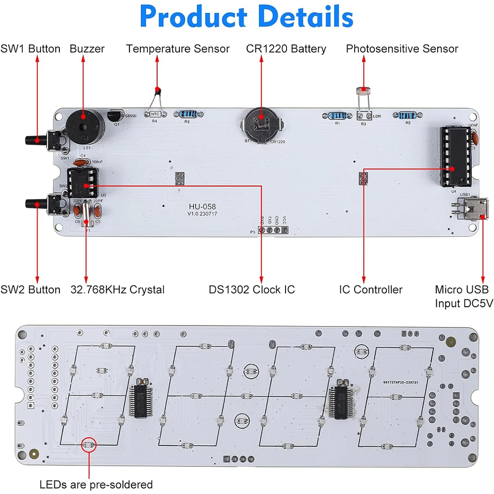 DIY Electronic Kit Digital RGB Colorful LED Alarm Clock Suite 4-digit Date Temperature Clock Soldering Project Practice For STEM