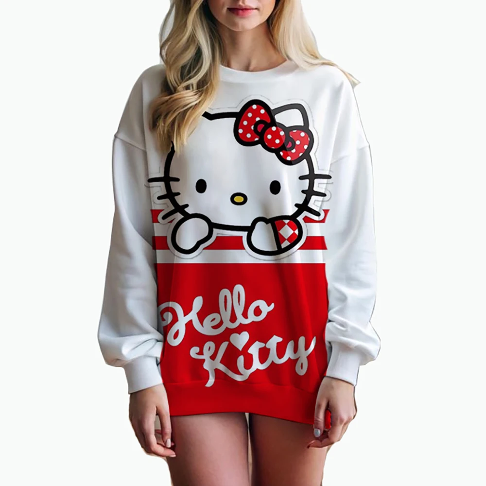 Hot Sale Oversize Printing Women Sweatshirt 2024 Autumn Anime Style Loose High Quality Hoodies Hello Kitty Print Hooded Girl