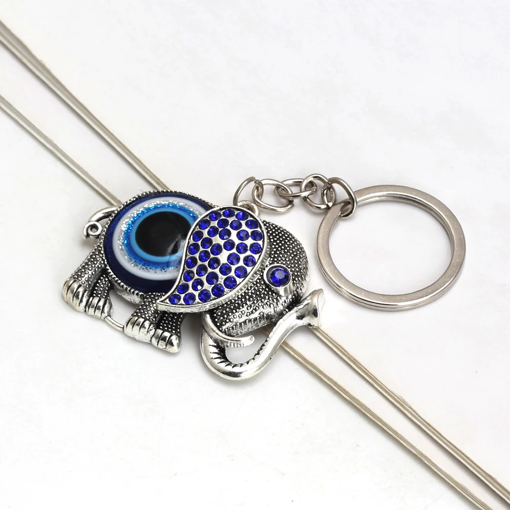 Lucky Eye Alloy Elephant Pendant Keychain Blue Turkish Evil Eye Key Chain for Women Men Jewelry llavero porte clé מחזיק מפתחות