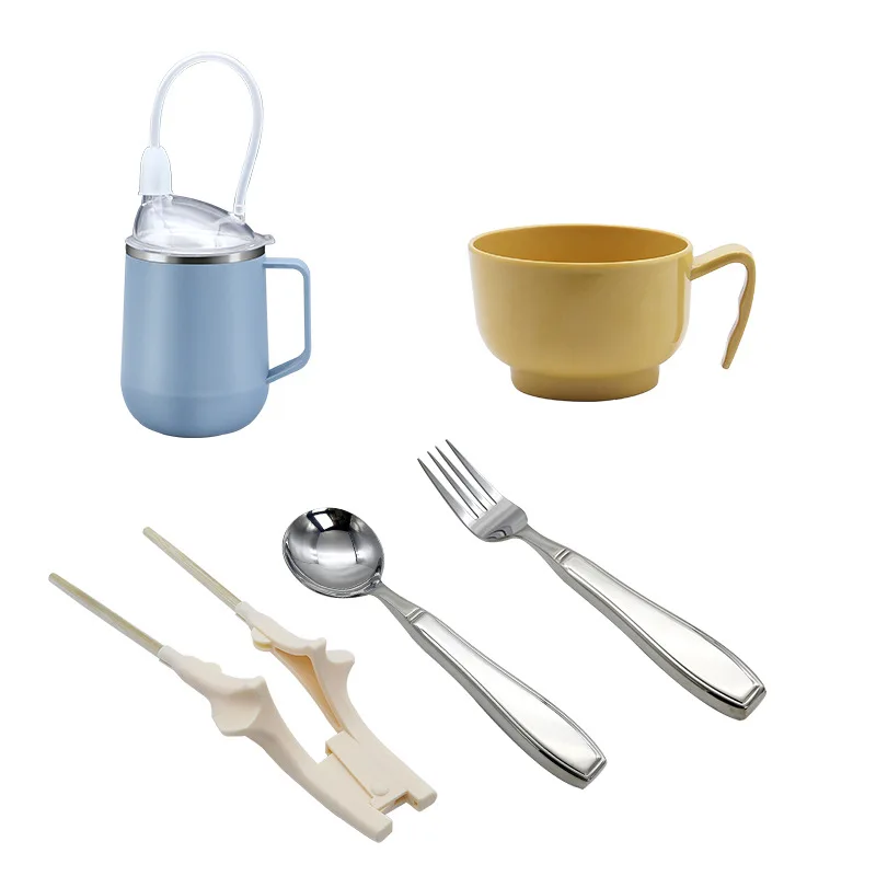 Elderly Adaptive Dining Set, Anti-Tremor Fork & Spoon, Non-Spill Bowl, Sippy Cup for Assisted Self-Feeding