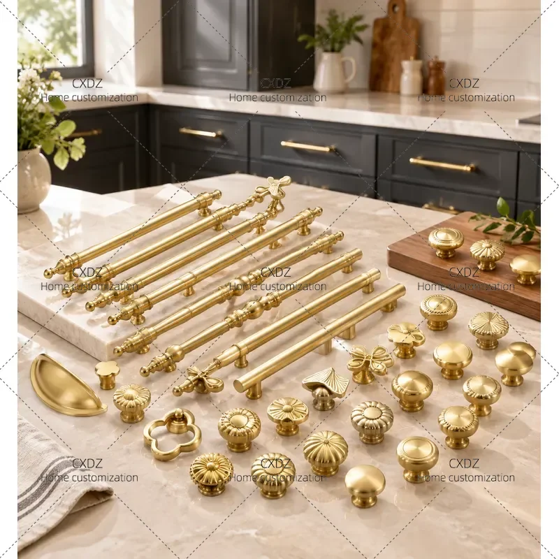 2pcs Brass Cabinet Door Handle Cream Style Light Luxury Gold Wardrobe Drawer Single Hole Knob for American French Home Decor