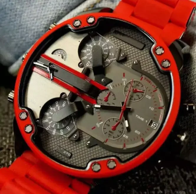 Relógio masculino europeu e americano com mostrador grande vermelho, estilo hip-hop casual, personalizado, moderno, à prova d'água.