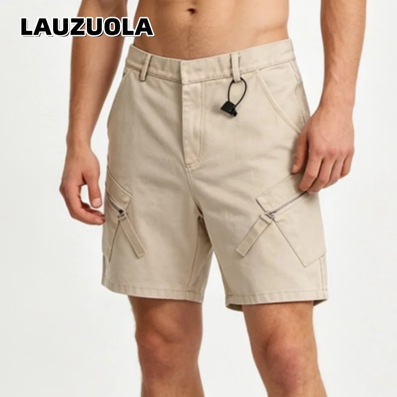 Men's Khaki Cargo Shorts Zipper Pocket Design Casual Denim Shorts Male Vintage Loose Workwear Shorts Streetwear for Men