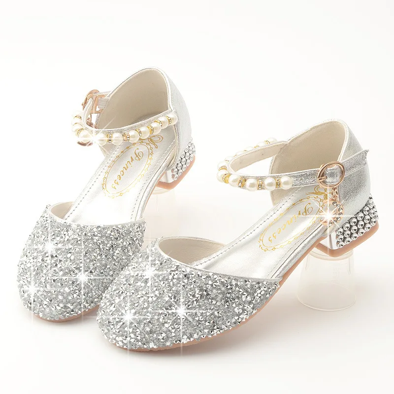 Girls High Heels Flash Diamond Sequins Princess Kids Leather Shoes Pearl Casual Children Party Dance Student Performance Shoe