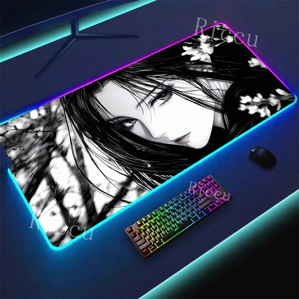 LED Desk Mat Black and White young girl RGB Computer Mouse Pad Gamer Pc Cabinet Office Accessories Keyboard emit light Mousepad