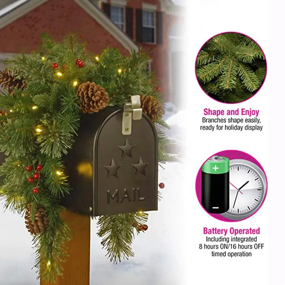 Holiday Season Mailbox Decor 36 Pre-lit Christmas Mailbox Swag with Timer Function Artificial Pine Cone Berries for Front