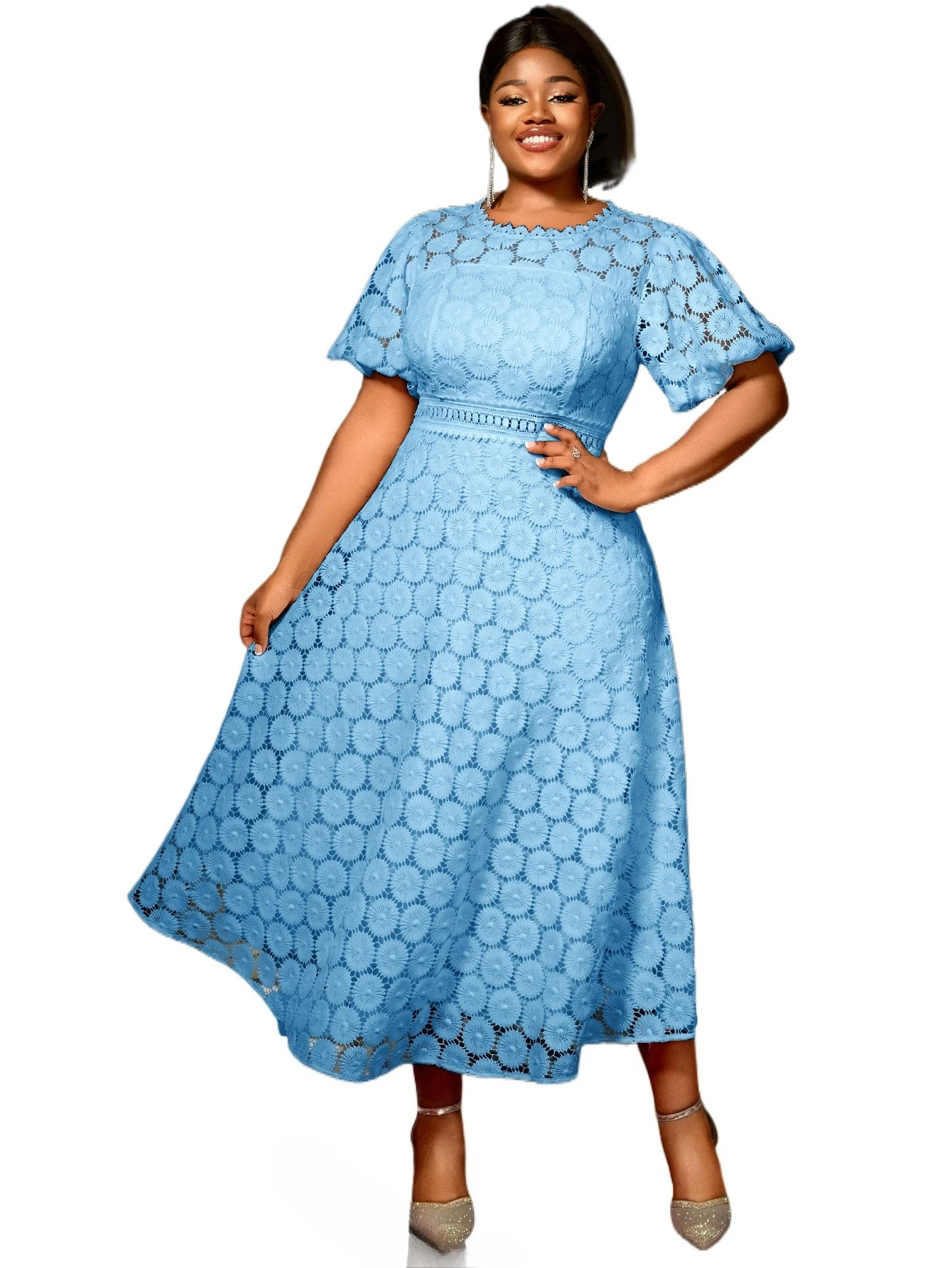 

Elegant Round Neck Tea Length Lace Formal Party Plus Size Dress With Short Sleeves