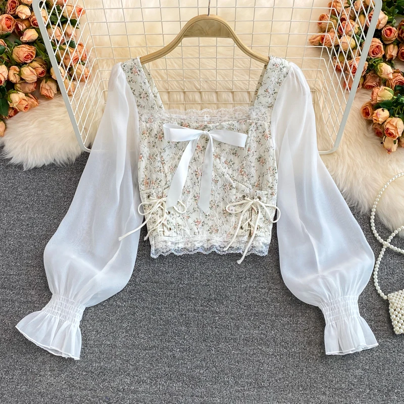 

2023 New Korean Spicy Girls Short Top Fashion Lace Square Neck Drawstring Shirt for Women