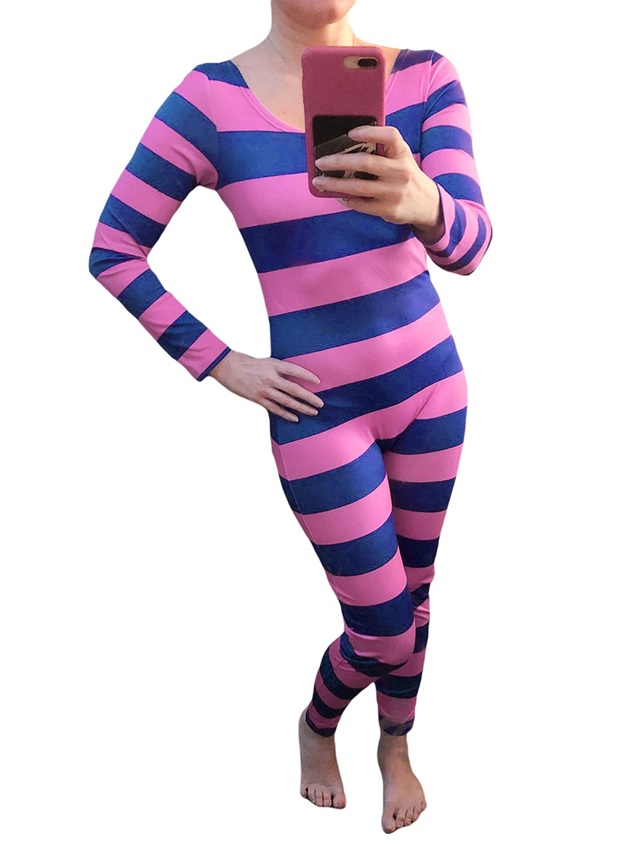 Women s Cheshire Cat Halloween Costume Pink Purple Striped Long Sleeve Jumpsuit Cosplay Outfit