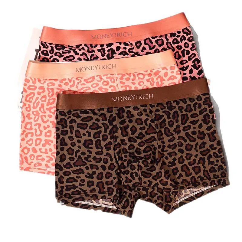 

3 шт. мужское сексуальное нижнее белье из ледяного шелка с леопардовым принтом, модные и персонализированные шорты с плоскими углами, дышащее нижнее белье