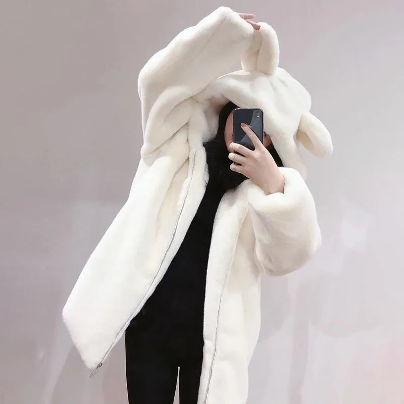 

Autumn Winter New Chic Fur Jacket Women's Overcoat Cute Bear Ears Plush Warm Loose Mink Fur Mid-Length Fur Coat Outwear Casaco