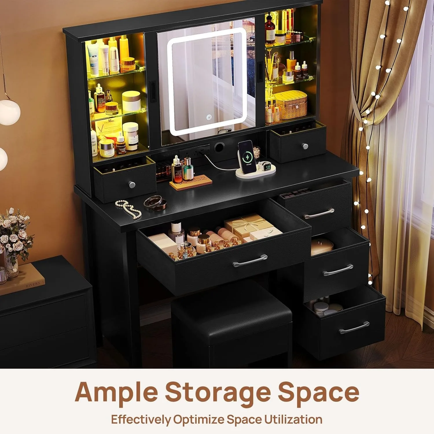 Vanity Desk with Lighted Sliding Mirror & Power Outlet,Vanity Table Set with Chair,6 Storage Drawers Makeup Table with LED Strip