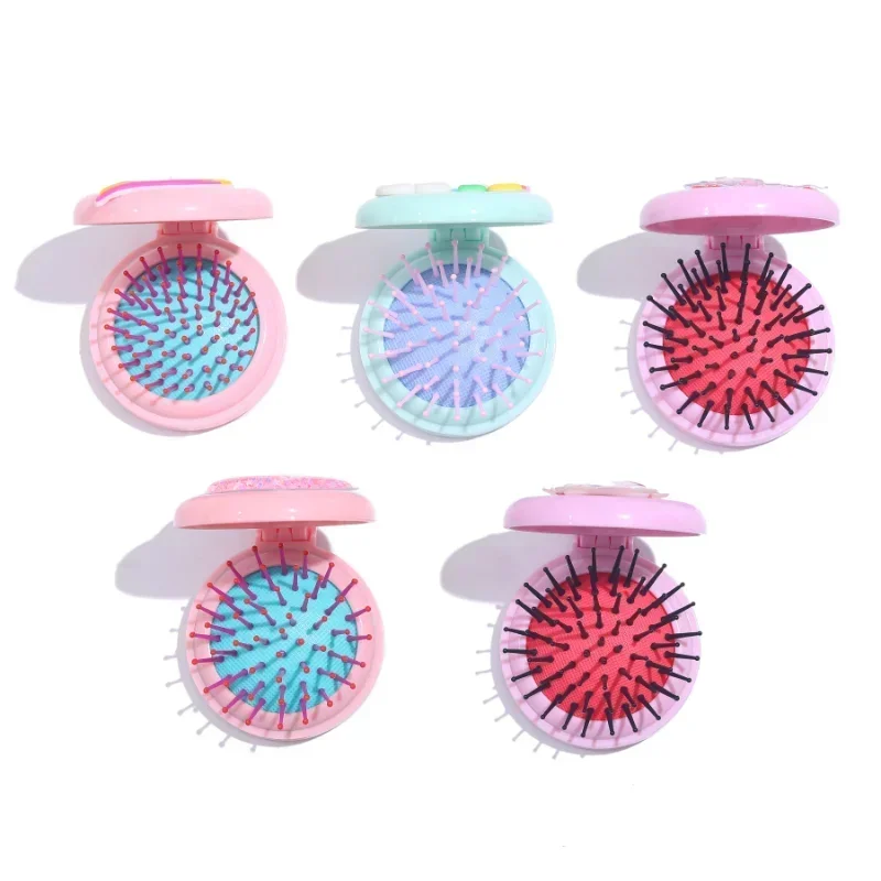 2024 Folding Air Bag Comb With Mirror Compact Pocket Size Portable Cartoon Travel Hair Brush Cosmetic Mirror Head Massager Comb