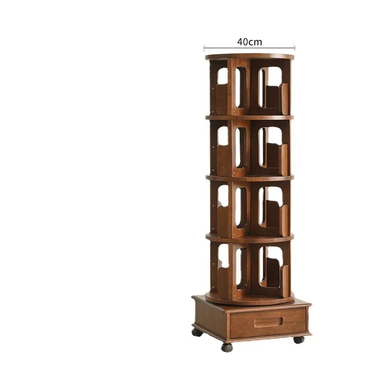 Solid wood rotating floor bookshelf, storage in the living room, movable picture book rack with wheels