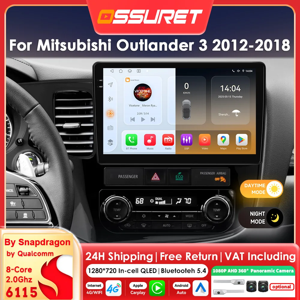 2DIN Android 14 Autoradio für Mitsubishi Outlander 3 2012-2018 Multimedia-Player GPS Stereo 360 CAM Bildschirm 6115 8Core Carplay