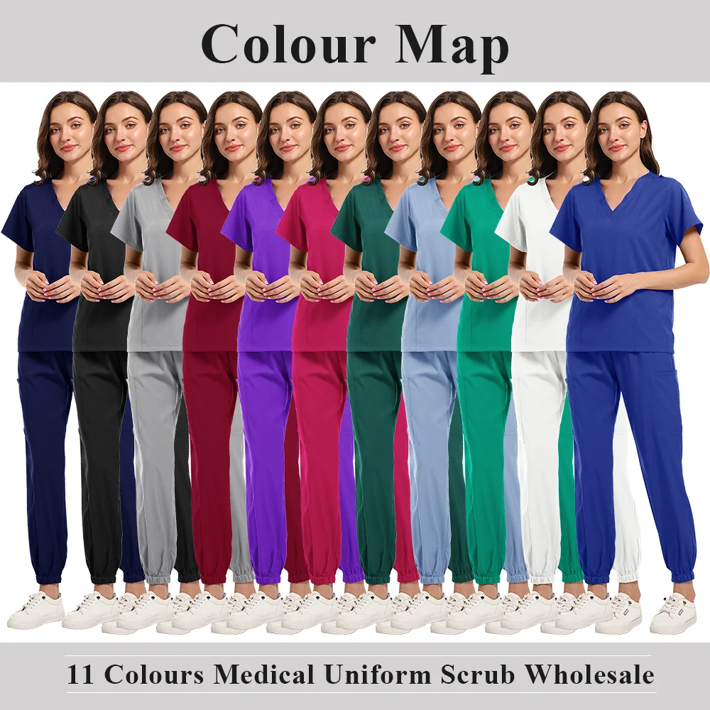의료 유니폼 여성 작업복 스트레치 스크럽 세트 간호사 스크럽 간호사 액세서리 v 넥 반팔 스트레이트 맨 바지 세트