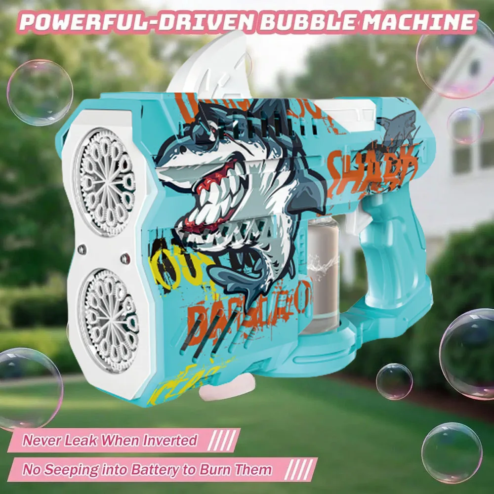 Zabawka dla dzieci i dorosłych, świecący pistolet do bąbelków w kształcie rekina, elektrycznie spustowana dysza do pistoletu do bąbelków, niezbędna zabawka do zabawy na świeżym powietrzu, bąbel