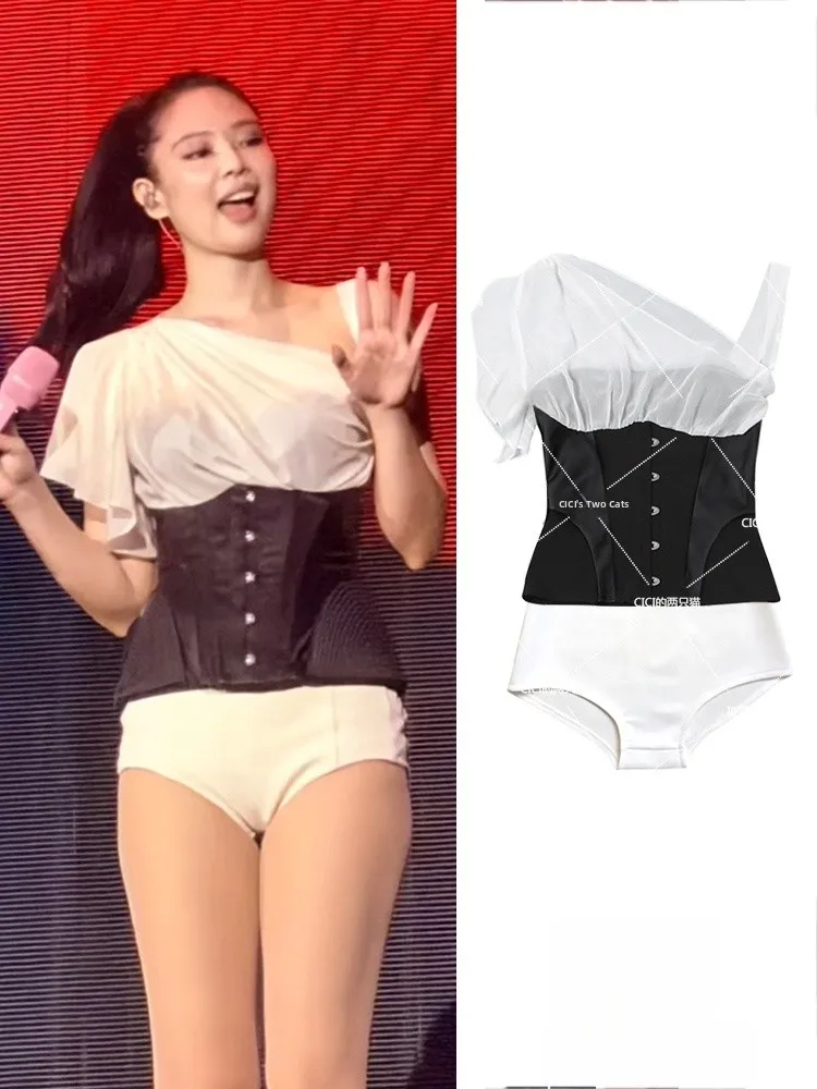 

White Mesh See-through Slant Shoulder Top Jennie Waist-cinched Stage Performance Costume Women's Ethnic Fashion