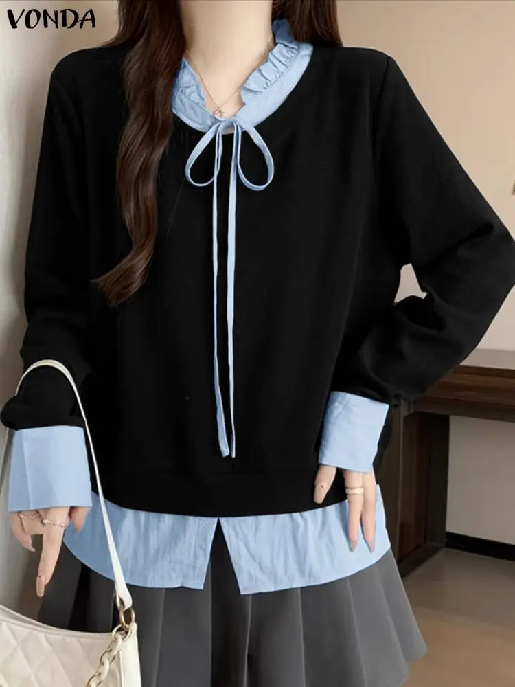 

VONDA Elegant Office Blouse Women Fashion Shirts Color Patchwork Casual Tops Tunic Bandage Spring Long Sleeve Blusas Femininas