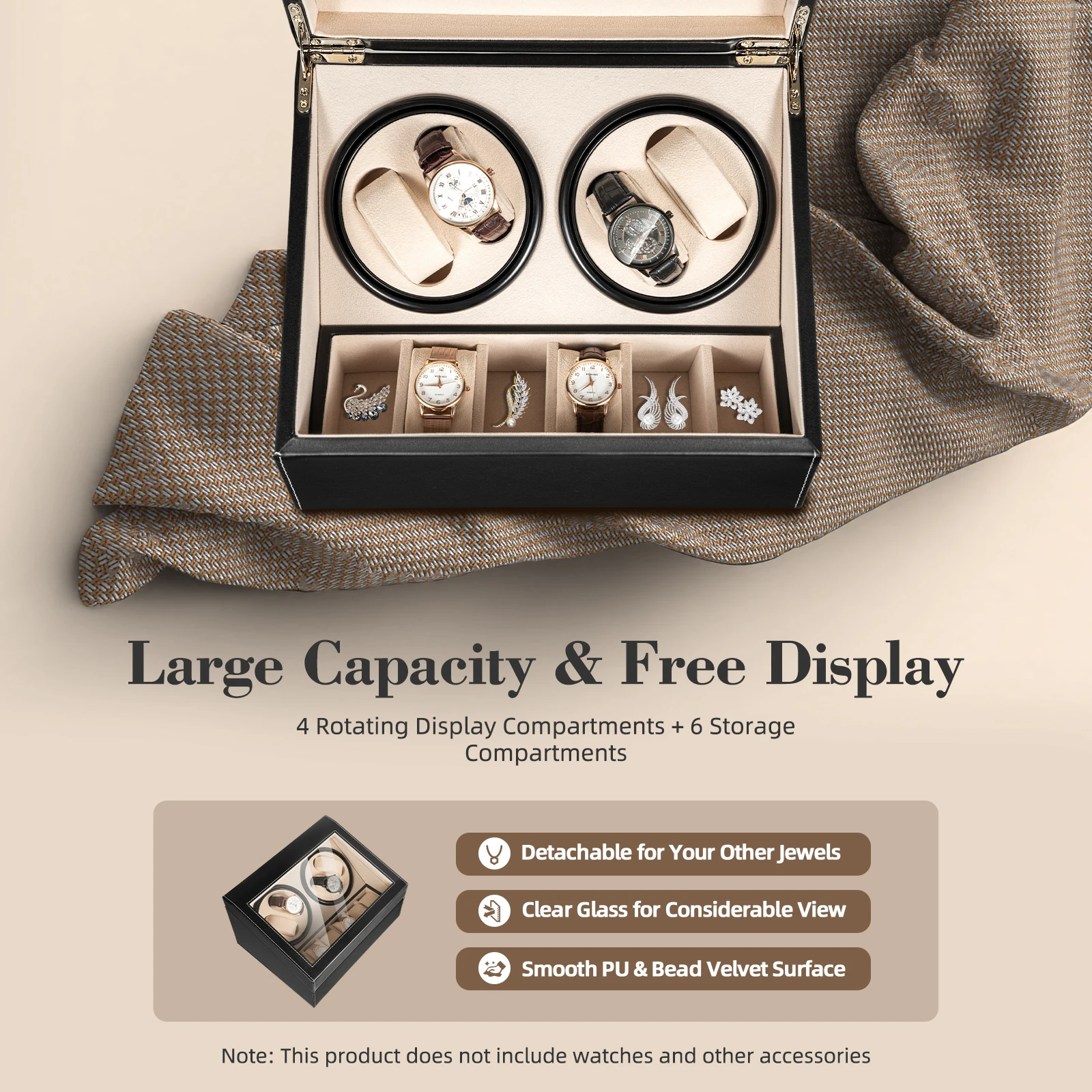 

Automatic Rotation Watch Winder Box (4 Winder & 6 Extra Storage), Black Leather Watch Winder Storage Display Case with Glass Lid