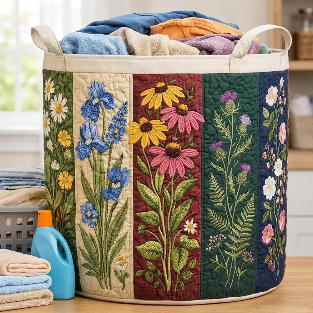 

Boho Floral Quilted Laundry Basket Large Fabric Clothes Storage Bin With Handles Artistic Dust-Proof Home Organizer