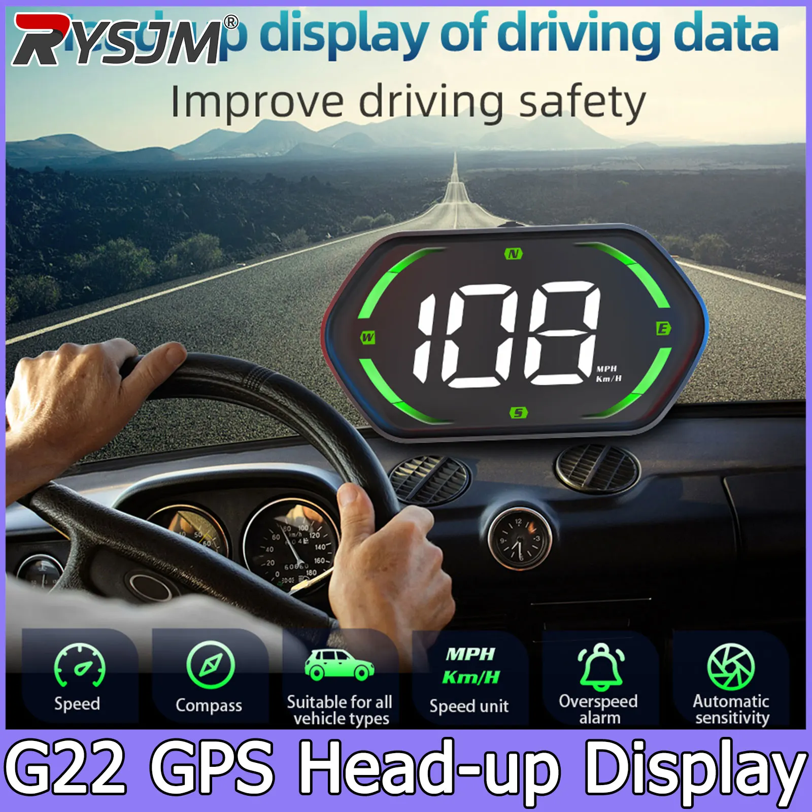 GPS HUD Vehicle Speed G22 Head Up Display For All Car Compass Speedometer Car Odometer Overspeed Alarm MPH KMH Green/Gold