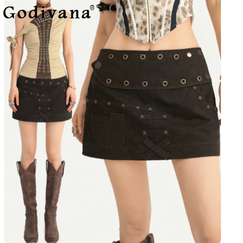 Retro Rivet Heavy Industry Sexy Low Waist Denim Short Skirt Personalized Women Fashion Versatile Street Punk Splicing Skirts