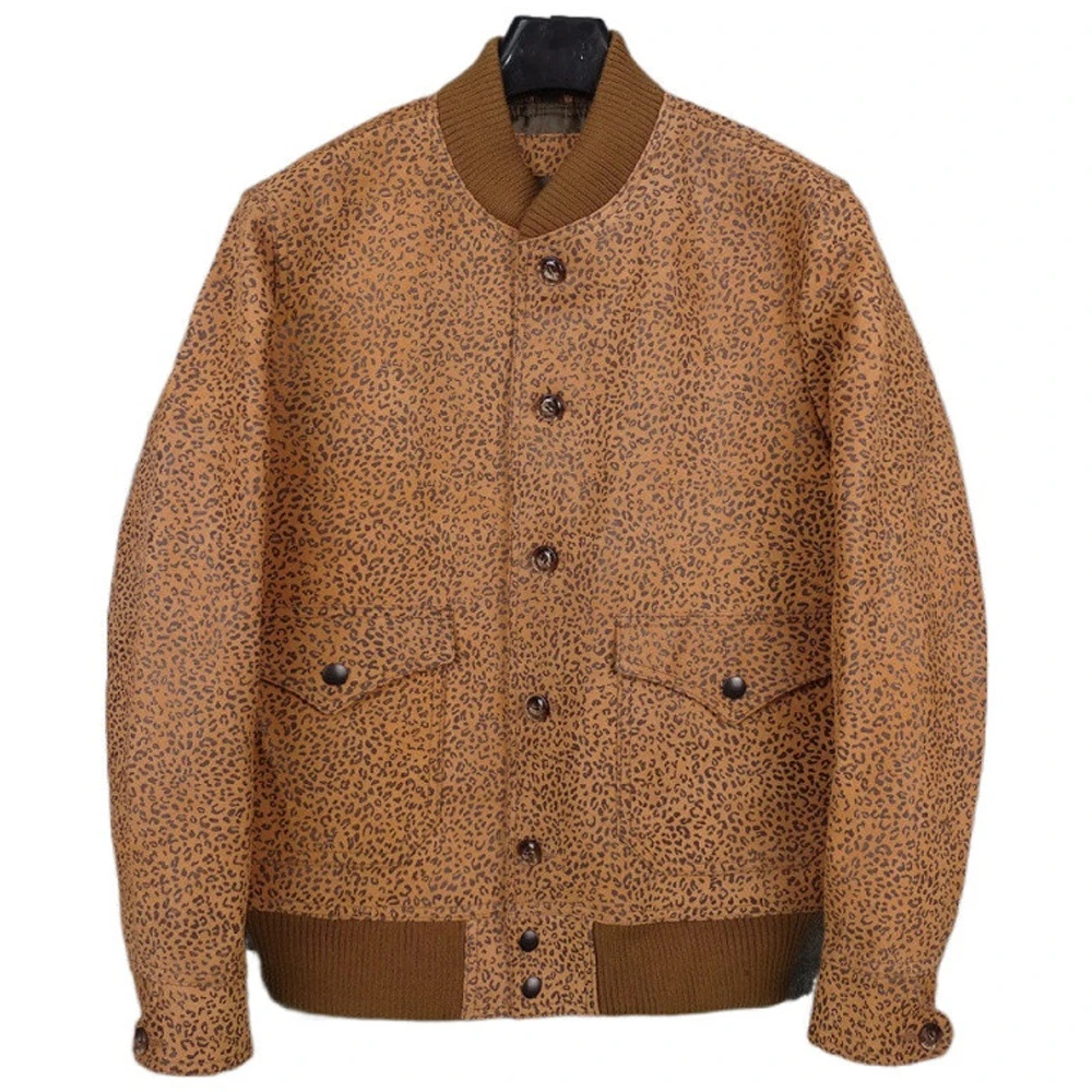 

Hot Fashion Leopard Printed Distressed Cowhide Mens Suede Coat Jacket 4XL Spring Autumn Cow Leather Man Baseball Jacket Vintage