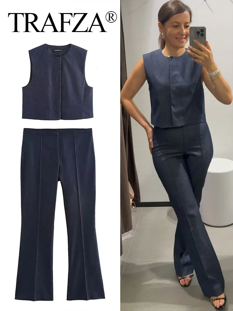 TRAFZA 2024 Female Navy Blue Trouser Set O-Neck Slim Single Breasted Vest Top + Mid-Waist Zipper Woman Wide Leg Long Pant Trendy