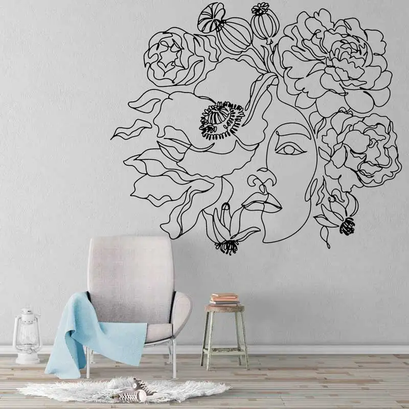 Round Floral Line Flower Beautiful Woman Abstract Avatar Vinyl Wall Sticker Man Camellia Home Bedroom Art Door Window Decal C21