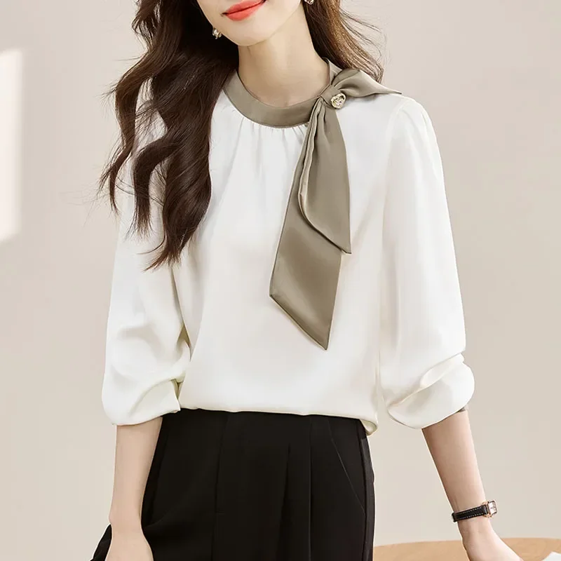 Nieuwe Lange Mouw O-hals Vrouwen Blouse Patchwork Boog Blouse Shirt Vrouwen Tops Blouses Shirts Blusas Para Mujer Camisas Blusas N209