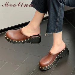 Meotina Women Genuine Leather Slides Round Toe Platform Wedges High Heel Sandals Ladies Fashion Slippers Autumn Spring Shoes