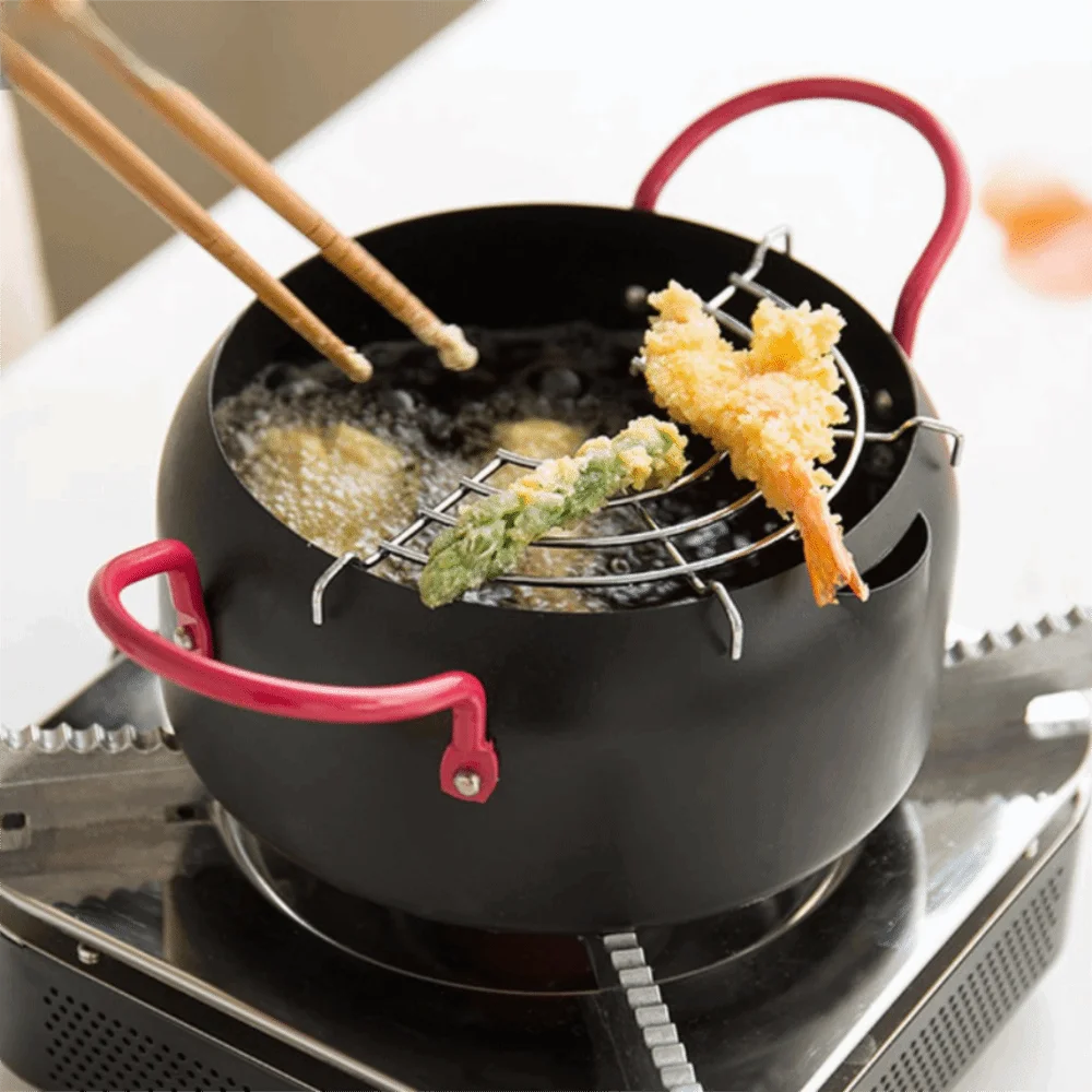 Japanese Style Pink Handle Tempura Fryer Pot V Shape Outlet with Oil Filter Rack Deep Fryer Pan Mini Aluminum Alloy