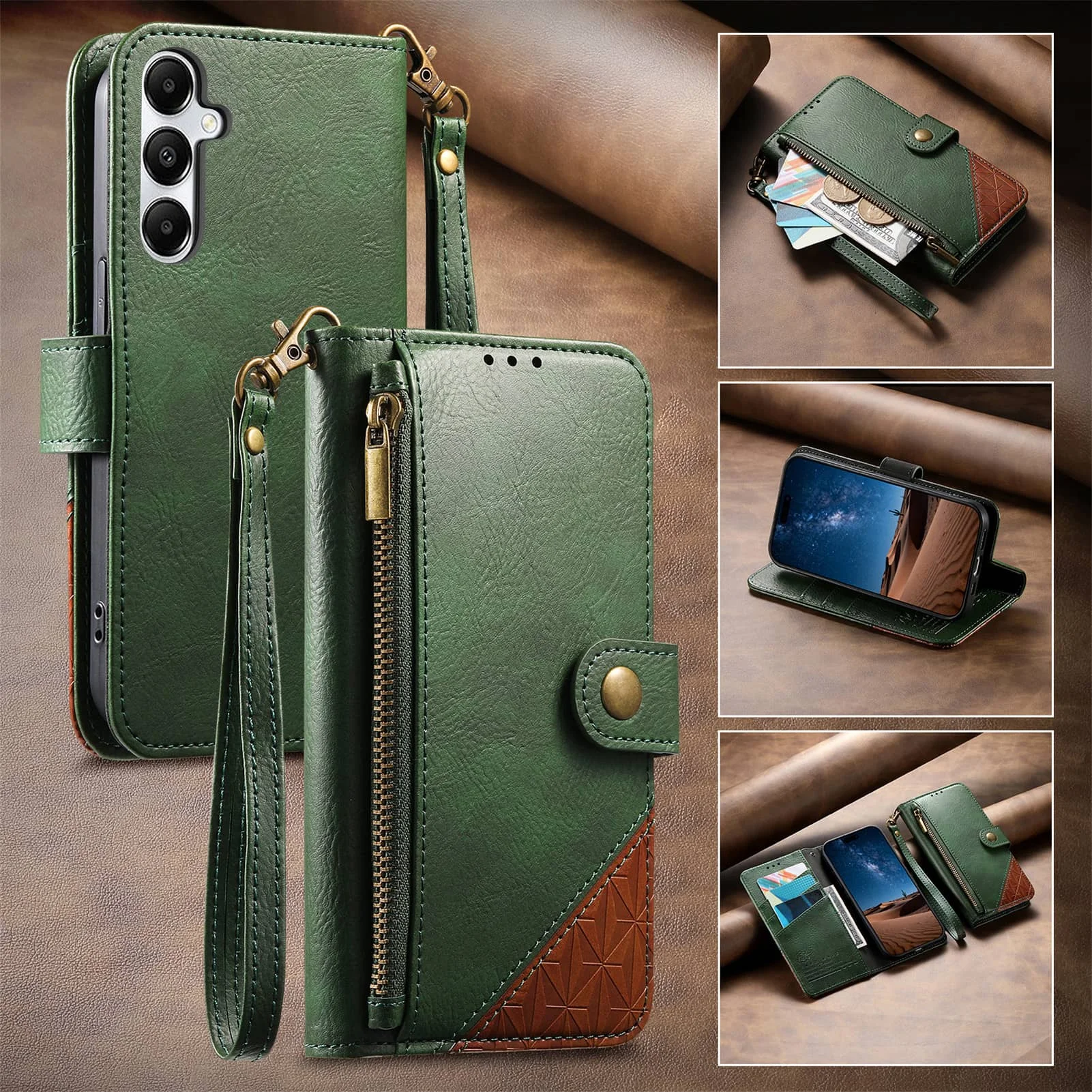 For Samsung Galaxy A37/A36/A35/A32/A26/A25/A17/A16/A15/A14/A13 Wallet Case, RFID Blocking 3 Card Slots, Kickstand Wrist Strap