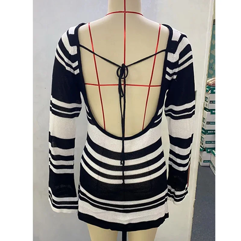 Abito lungo lavorato a maglia primavera autunno da donna elegante manica lunga casual o-collo abiti da spiaggia per feste senza schienale night club