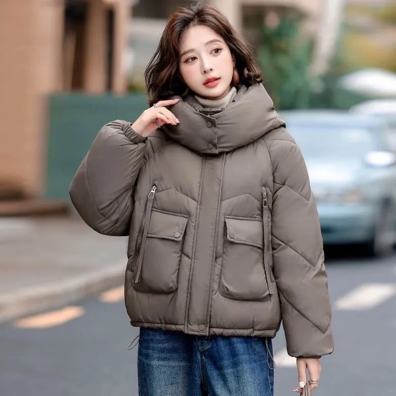 Coffee colored Women's Short Hooded Coat 2025 Winter New Korean Loose Student Down cotton Jacket Female Warm Parker Outwear